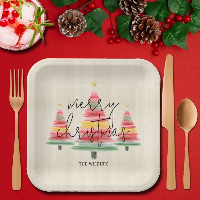 Watercolor Christmas Trees Square Paper Plate (Creator Uploaded)