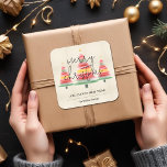 Watercolor Christmas Trees Square Sticker<br><div class="desc">Beautiful watercolor Christmas trees topped with a gold star on ivory stripes accent these square stickers with Merry Christmas,  Happy New Year and your name in chic lettering. MATCHING items in our collection.</div>