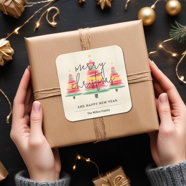 Watercolor Christmas Trees Square Sticker (Merry Christmas Watercolor Stripes Christmas Trees 3" Square Stickers)
