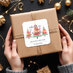 Watercolor Christmas Trees Square Sticker<br><div class="desc">Beautiful watercolor Christmas trees topped with a gold star accent these large square stickers with Merry Christmas,  Happy New Year and your name in chic lettering. MATCHING items in our collection.</div>