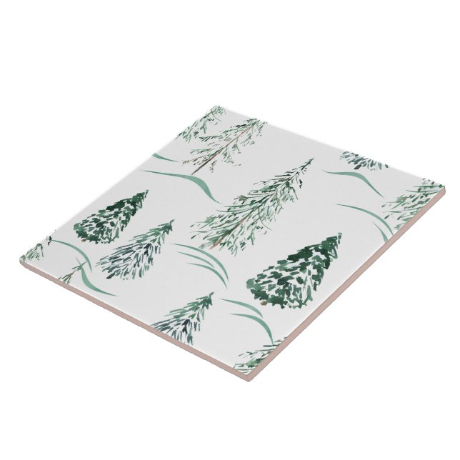 Watercolor Christmas trees. Winter forest. Ceramic Tile (Side)