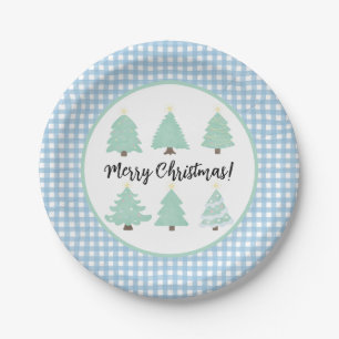 Watercolor Christmas Trees with Blue Plaid Paper Plate