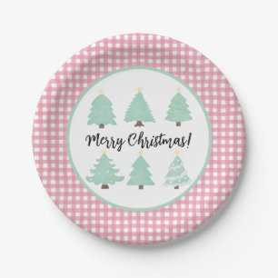 Watercolor Christmas Trees with Pink Plaid  Paper  Plate
