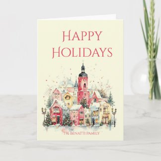 Watercolor Christmas Village Happy Holidays  Card