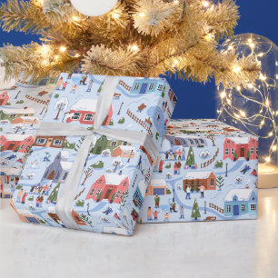 Watercolor Christmas Village Light Blue Wrapping Paper