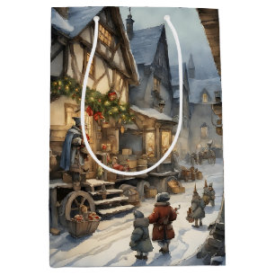 Watercolor Christmas Village Medium Gift Bag