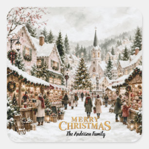 Watercolor Christmas Village Paper Square Sticker