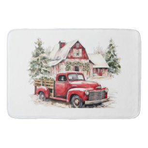 Watercolor Christmas Vintage Truck and Barn Bath Mat