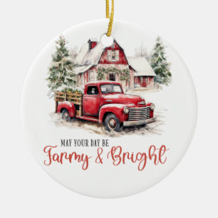 Watercolor Christmas Vintage Truck and Barn Ceramic Ornament