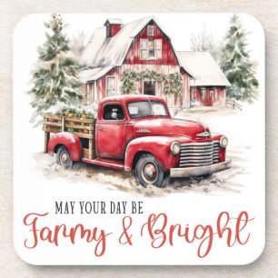 Watercolor Christmas Vintage Truck and Barn  Coaster