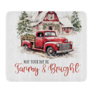 Watercolor Christmas Vintage Truck and Barn  Cutting Board