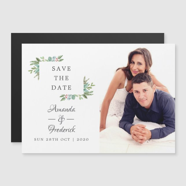 Watercolor Christmas Wedding Save the Date Magnetic Invitation (Front/Back)