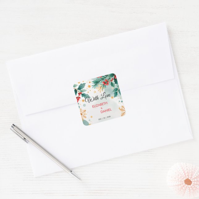 Watercolor Christmas Wedding with Holly Square Sticker (Envelope)
