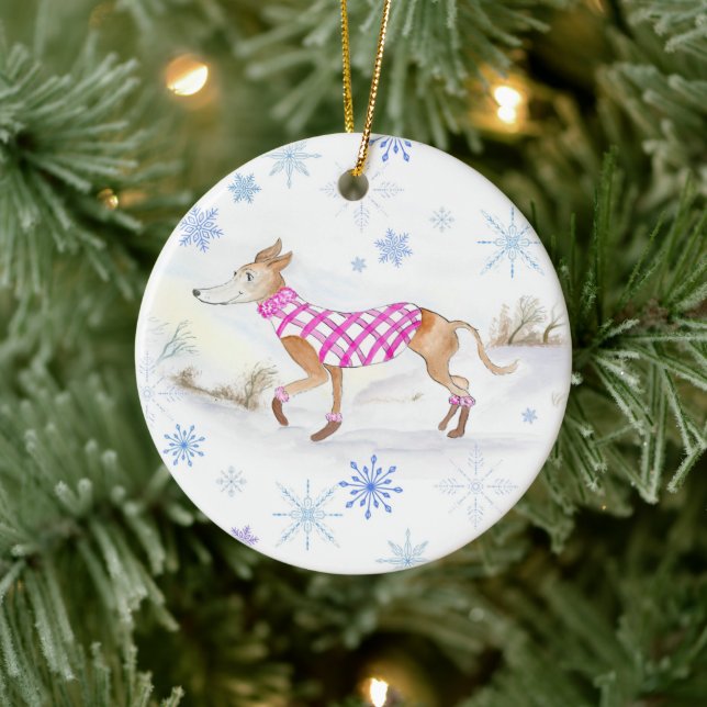 Watercolor Christmas Whippet In Sweater Ceramic Ornament (Tree)