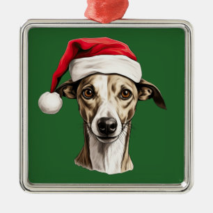 Watercolor Christmas Whippet Metal Ornament