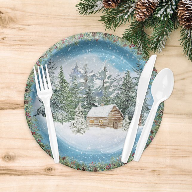 Watercolor Christmas Winter Snowy Cabin Paper Plate (Creator Uploaded)