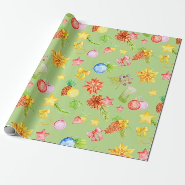 Watercolor Christmas Wrapping Paper Green (Unrolled)