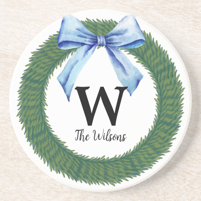 Watercolor Christmas Wreath Blue Bow Monogram  Coaster (Front)