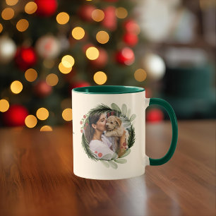 Watercolor Christmas Wreath Calligraphy Dog Photo Mug