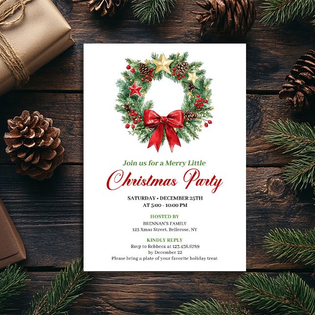 Watercolor Christmas Wreath Holiday Party Card (Watercolor Christmas Wreath Holiday Party Card)