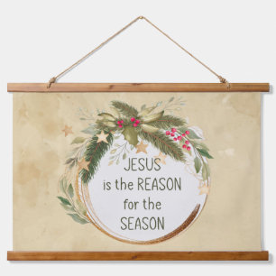 Watercolor Christmas Wreath Jesus Reason Season Hanging Tapestry