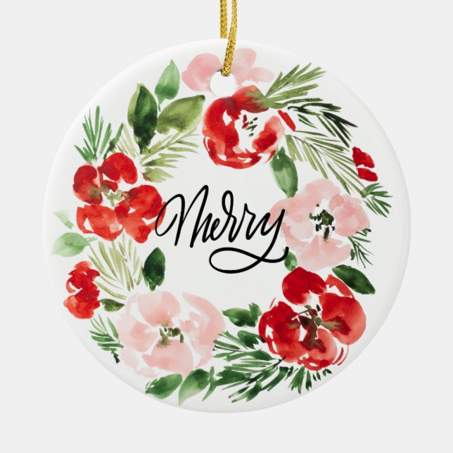 Watercolor Christmas wreath Merry Photo Design Ceramic Ornament (Front)