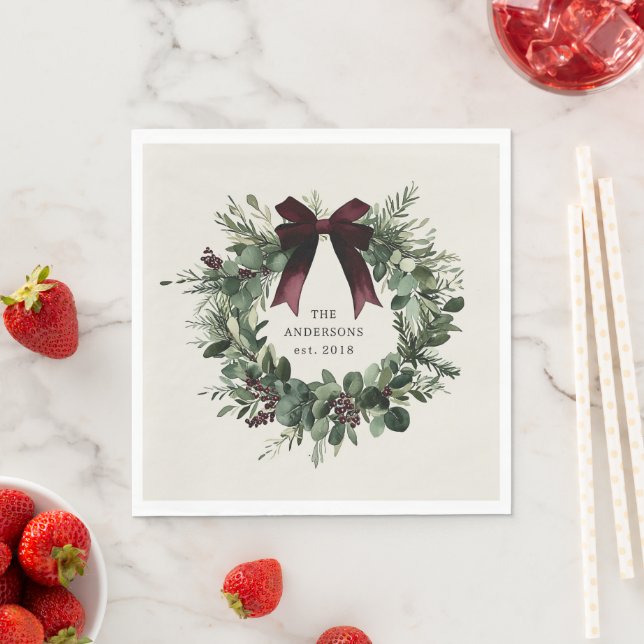 Watercolor Christmas Wreath Personalised Name Napkin (Insitu)
