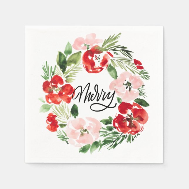Watercolor Christmas wreath Pink Red and Green  Napkin (Front)