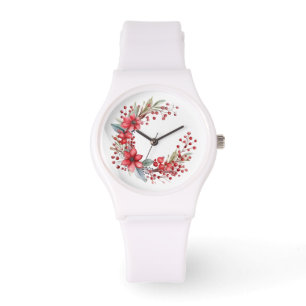 Watercolor Christmas Wreath Poinsettia Holly Berry Watch