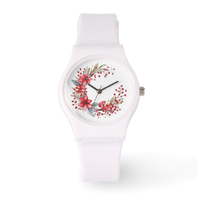 Watercolor Christmas Wreath Poinsettia Holly Berry Watch (Front)