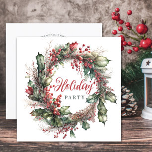 Watercolor Christmas wreath red green floral Invitation