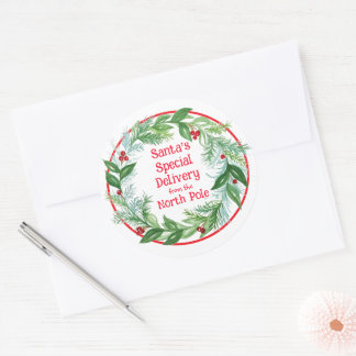 Watercolor Christmas Wreath Santa North Pole Classic Round Sticker