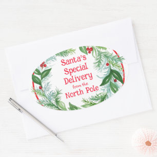 Watercolor Christmas Wreath Santa North Pole Oval Sticker