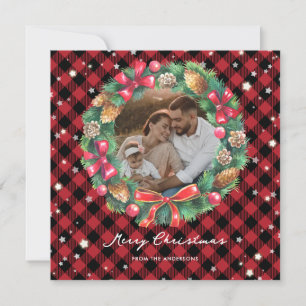 Watercolor Christmas Wreath Stars Red Plaid Photo Holiday Card