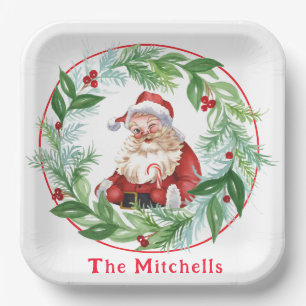 Watercolor Christmas Wreath Vintage Santa  Paper Plate