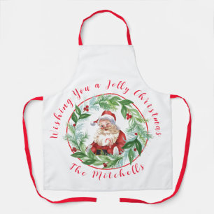Watercolor Christmas Wreath Vintage Santa Unisex Apron