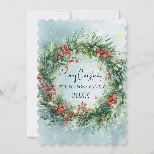 Watercolor Christmas Wreath Winter Greenery Holiday Card (Front)