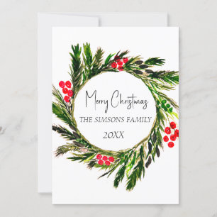Watercolor Christmas Wreath Winter Greenery Holiday Card