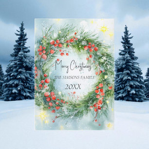 Watercolor Christmas Wreath Winter Greenery Holiday Card