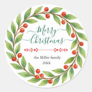 Watercolor Christmas wreath with Custom Text Classic Round Sticker