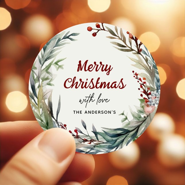 Watercolor Christmas Wreath with love from Classic Round Sticker (Creator Uploaded)