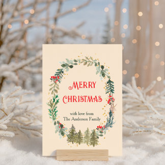 Watercolor Christmas Wreath with Trees Holiday Card