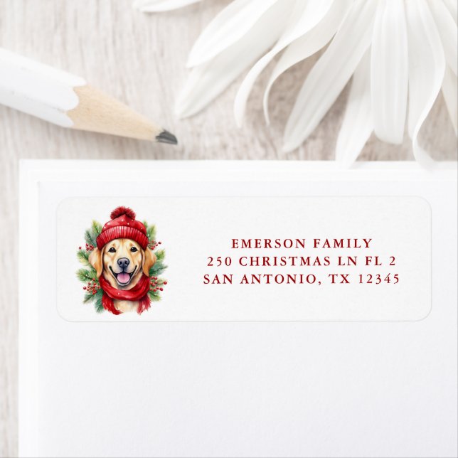 Watercolor Christmas Yellow Labrador Dog Return Address Label (Insitu)