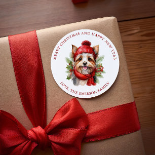Watercolor Christmas Yorkie Dog  Classic Round Sticker