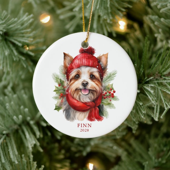 Watercolor Christmas Yorkie Dog Photo Ceramic Ornament (Tree)