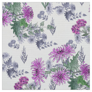 Watercolor chrysanthemum pink small flowers green fabric