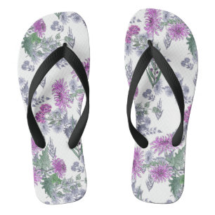 Watercolor chrysanthemum pink small flowers green thongs