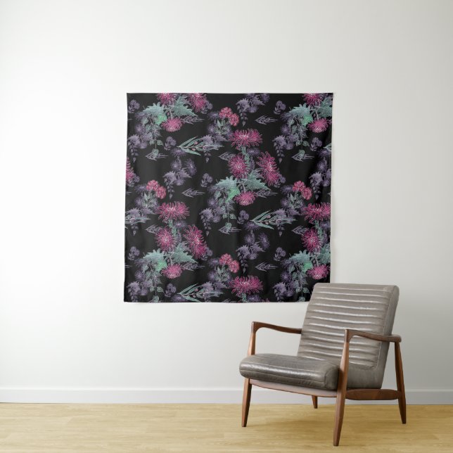 Watercolor Chrysanthemums flowers floral ink print Tapestry (In Situ (Horizontal))