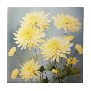 Watercolor Chrysanthemums On Light Yellow Meadow Ceramic Tile