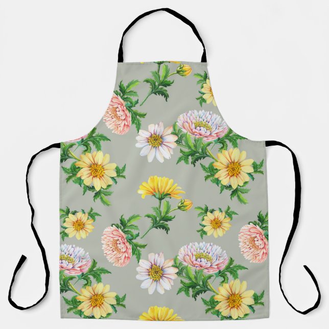 Watercolor chrysanthemums, seamless floral pattern apron (Front)